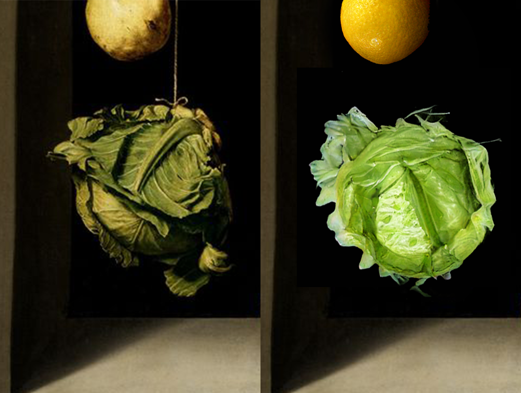 Left is the original painting, right is my recreation using produce generated by machine learning